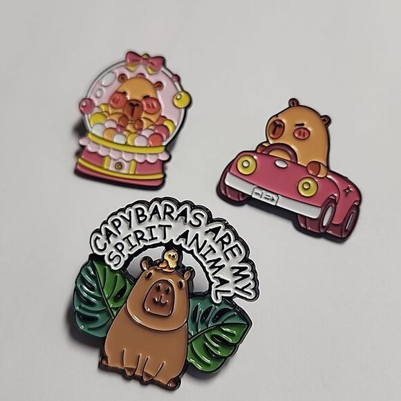 Capybara Enamel Pin Set - Brown, Pink, Green - Picture 2 of 3
